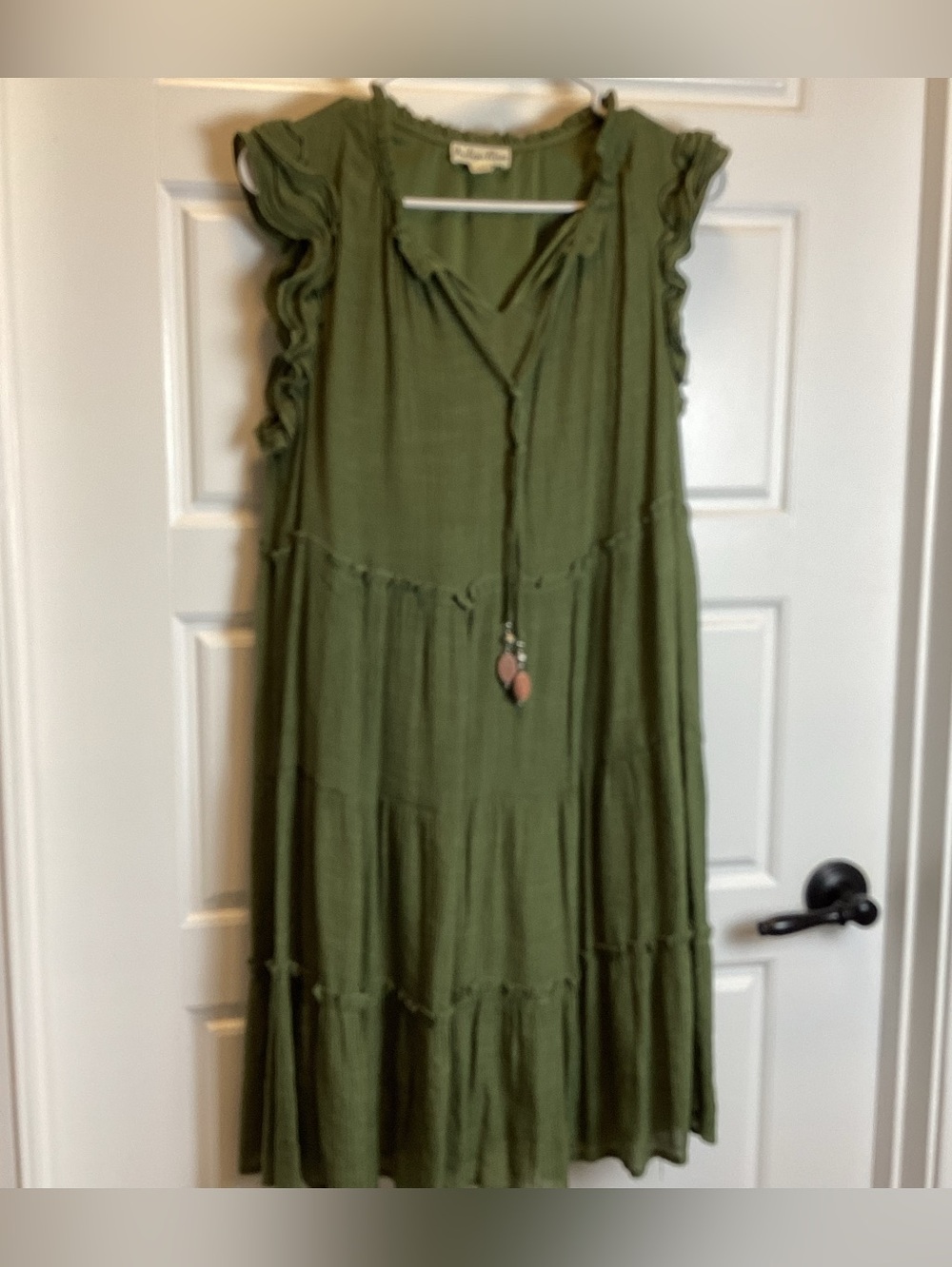Sleeveless Olive Green Tiered Gauzy Dress with Ruffle Shoulders